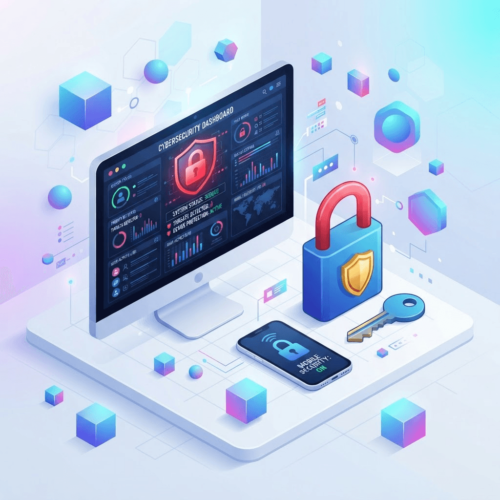 Isometric illustration of devices protected by a padlock and shield